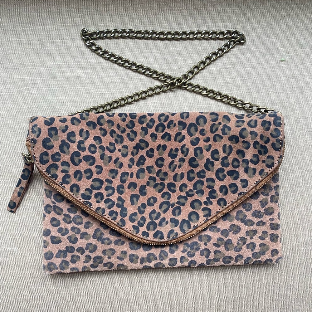 J Crew 100% Leather Leopard Print Chain Strap Envelope Clutch